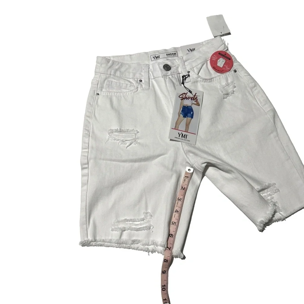 YMI Women's High‎ Rise White Distress Denim Shorts 